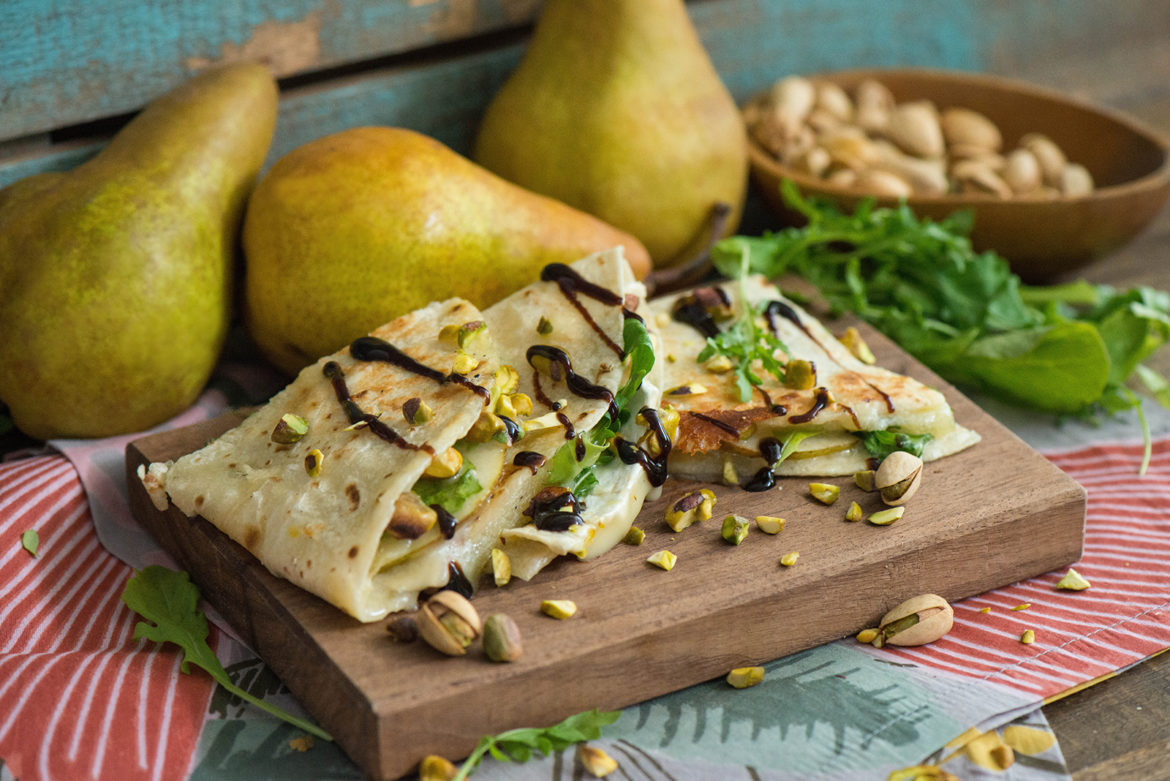 Three Cheese Pear Quesadillas with Arugula, Pistachios and Balsamic