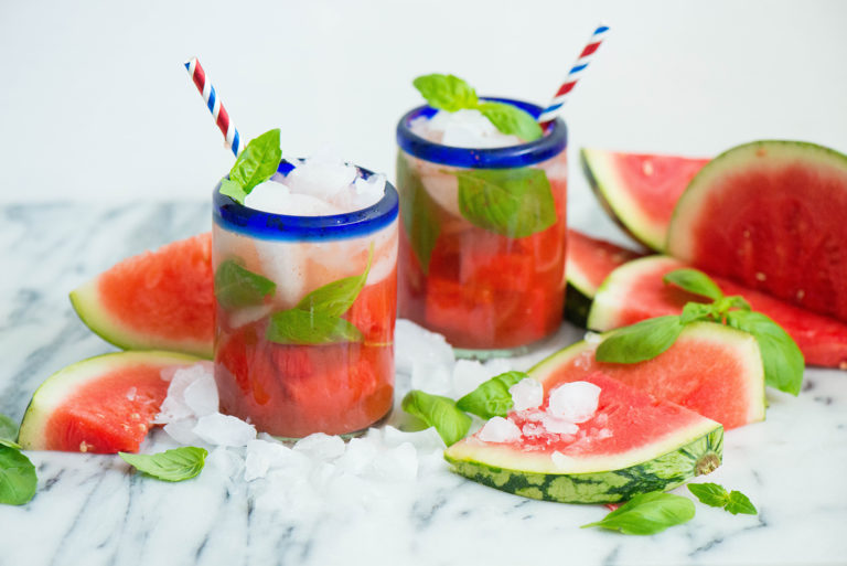 Watermelon Chamomile Iced Tea with Basil Nibbles and Feasts
