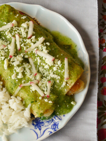 Green Enchiladas stuffed with shrimp & veggies