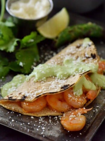 Shrimp taco with poblano sauce