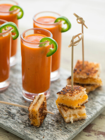 Spicy Tomato Soup with Grilled Cheese Croutons