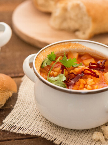 Chayote Soup with Guajillo and Cracked Hominy Corn