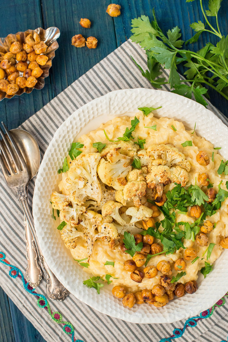 Roasted Cauliflower Four Cheese Risotto with Crispy Chickpeas Nibbles