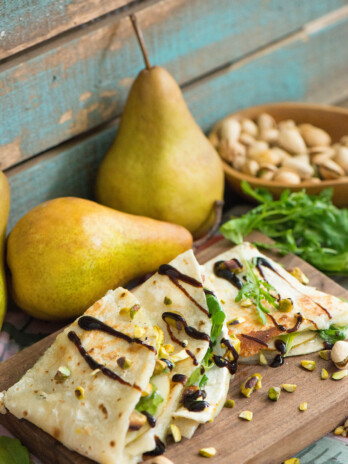 Three Cheese Pear Quesadillas with Arugula, Pistachios and Balsamic Glaze