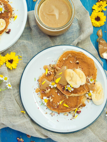 Banana Pancakes with Brown Butter Dulce de Leche Sauce