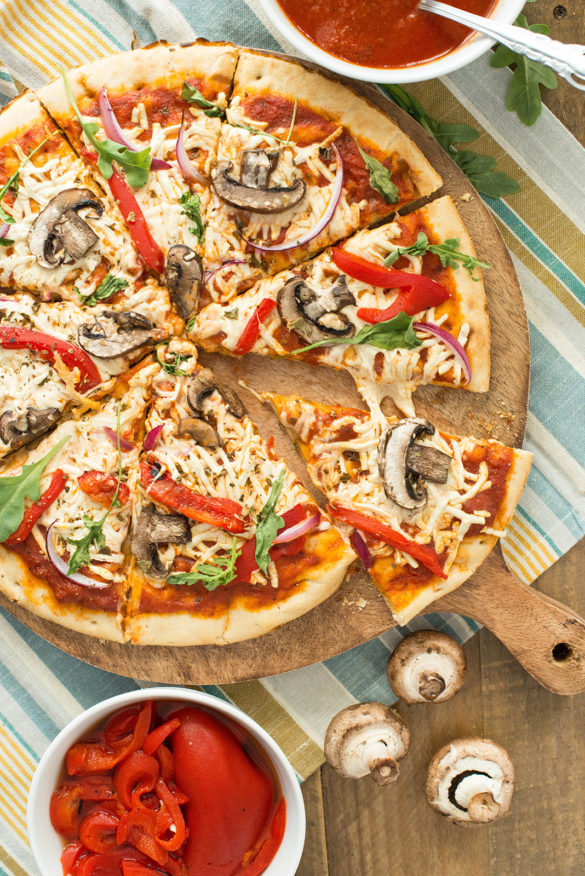 Vegan Roasted Pepper, Mushroom and Arugula Pizza - Nibbles and Feasts