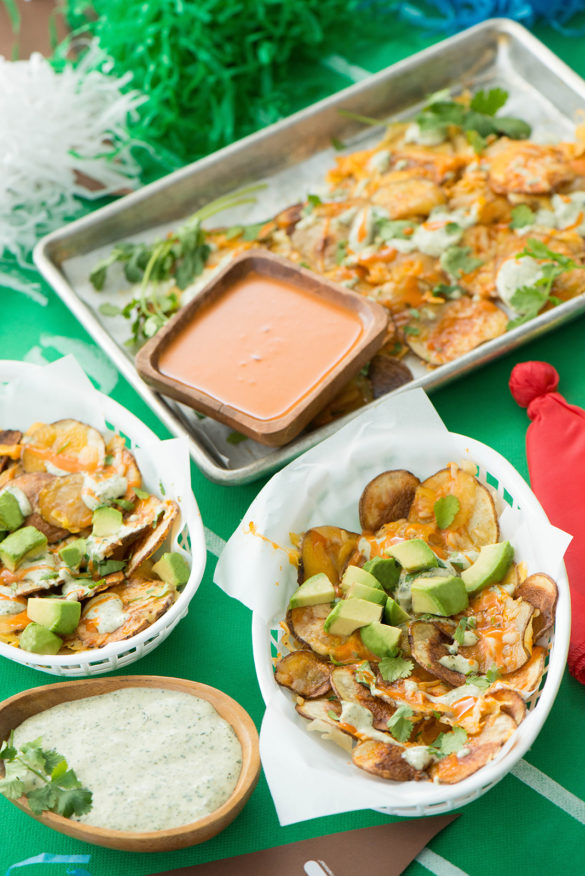 Cheesy Buffalo Potato Slices with Cilantro Cotija Cream Nibbles and