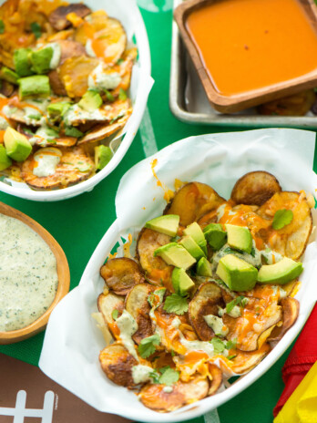 Cheesy Buffalo Potato Slices with Cilantro Cotija Cream