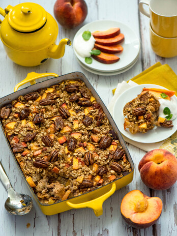 baked peach oatmeal with glazed pecans