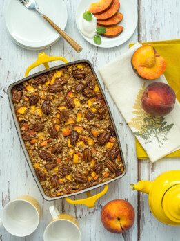 Baked peach oatmeal with glazed pecans