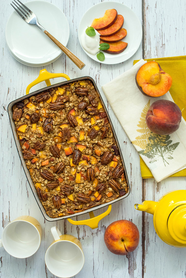 Baked peach oatmeal with glazed pecans