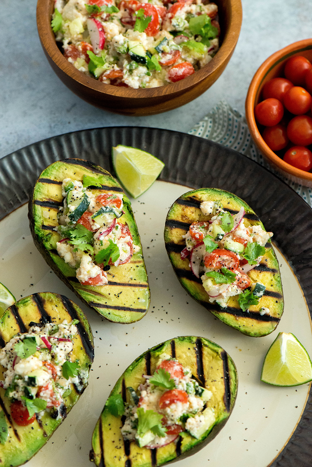 Grilled Avocados with Queso Fresco Salad - Nibbles and Feasts
