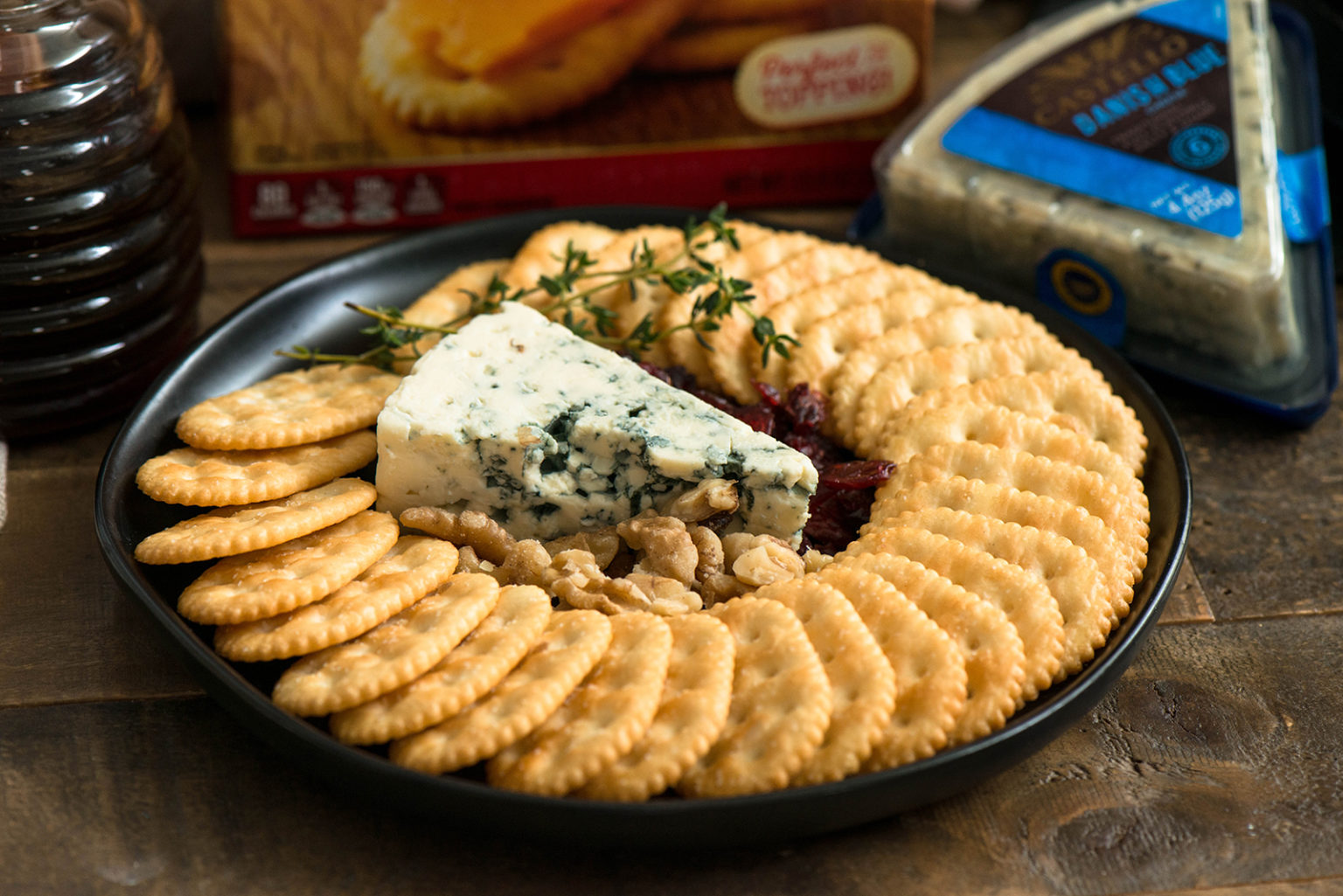 Pear Blue Cheese Crackers with Honey Nibbles and Feasts