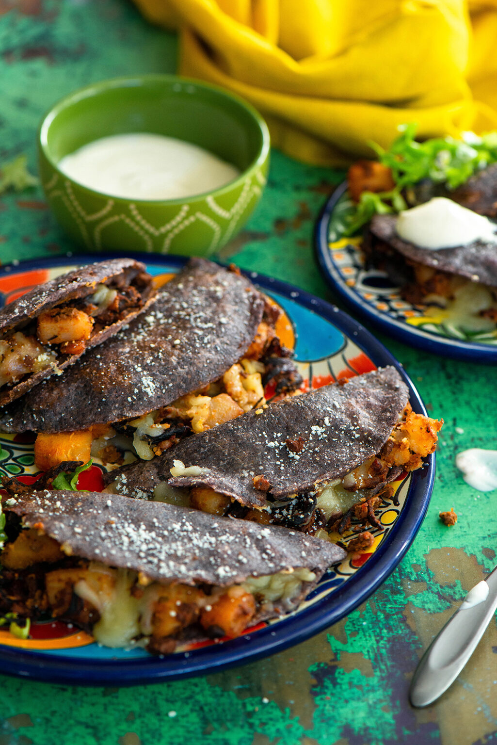 Blue Corn Quesadillas with Potato, Chorizo and Hibiscus Nibbles and Feasts