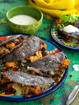 Blue Corn Quesadillas with Potato, Chorizo and Hibiscus