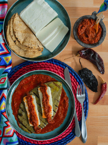 Grilled Cactus with Panela Cheese and a Spicy Red Salsa