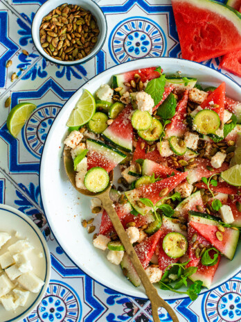 watermelon cucumber salad with queso fresco and cotija