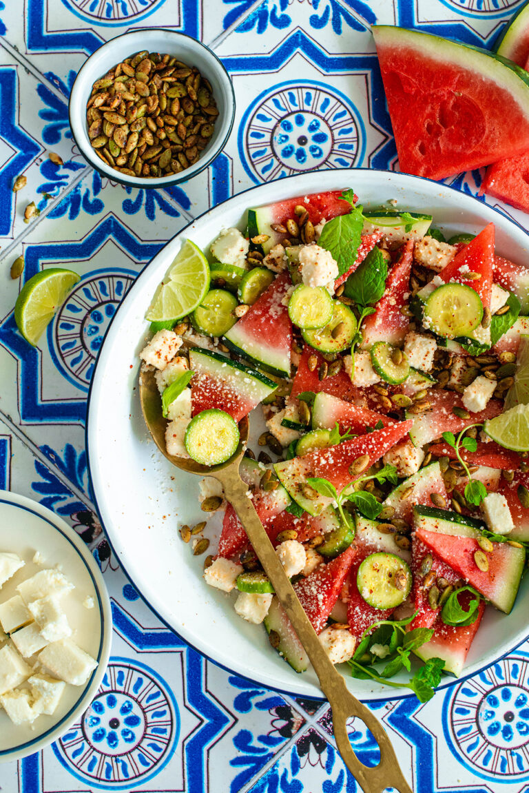 watermelon cucumber salad with queso fresco and cotija