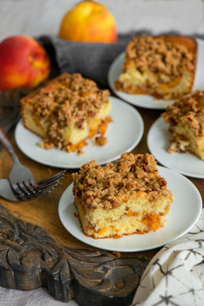 Peach Coffee Cake with Pecan Streusel - Nibbles and Feasts