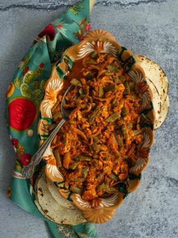 scrambled eggs and cactus in red chile sauce