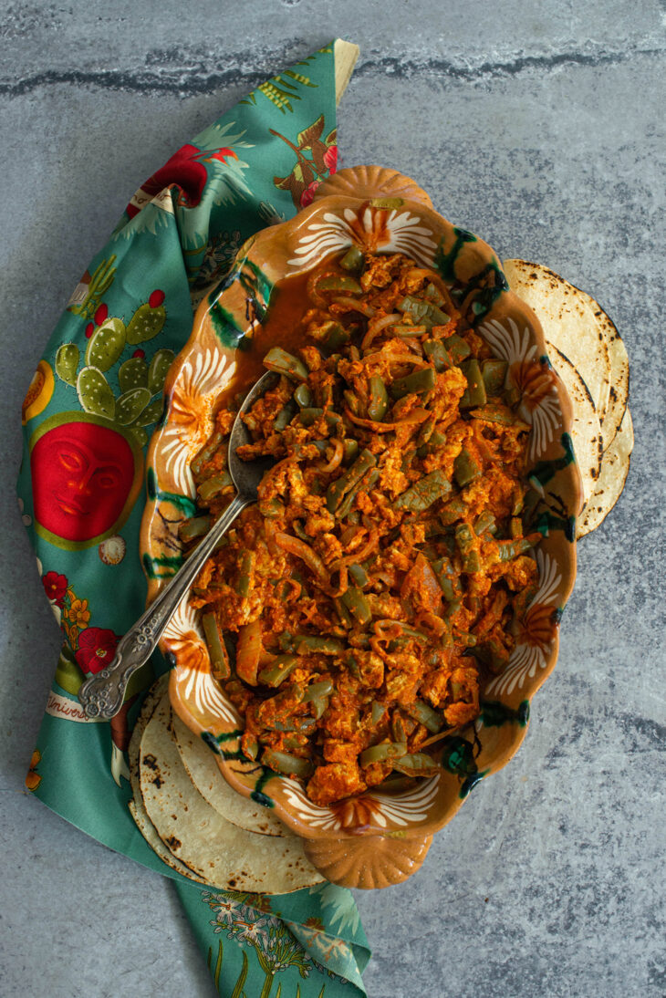 Scrambled Eggs and Cactus in Red Chile Sauce - Nibbles and Feasts
